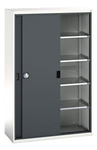 verso sliding door cupboard with 4 shelves. WxDxH: 1300x550x2000mm. RAL 7035/5010 or selected Verso Sliding Door and Tambour Roller Shutter Storage Cupboards Tools Shelves